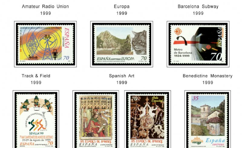 COLOR PRINTED SPAIN 1994-1999 STAMP ALBUM PAGES (58 illustrated pages)