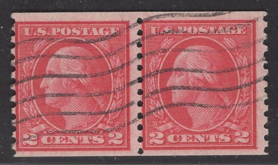 US Stamp #492 2c Carmine Coil Pair Type III USED SCV $5.00