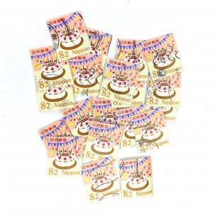 20 x Happy Birthday Cake used postage stamps from Japan - off paper - Japanese