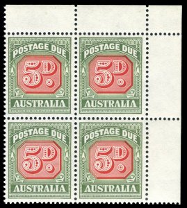 Australia 1959 Postage Due 5d DIE II block of four superb MNH. SG D136a. Sc J90a