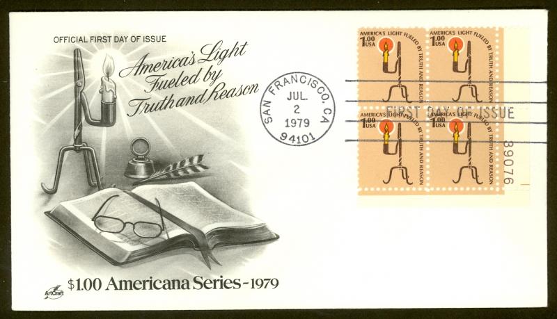 USA 1979 $1.00 OIL LAMP Sc 1610 PLATE BLOCK on Cachet U/A FDC