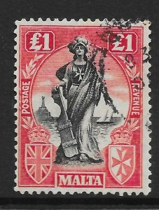 MALTA SG140 1925 £1 BLACK & BRIGHT CARMINE USED