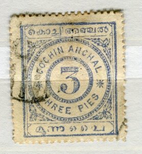 INDIA COCHIN; 1903 early classic Local Numeral issue used SHADE of 3p. value