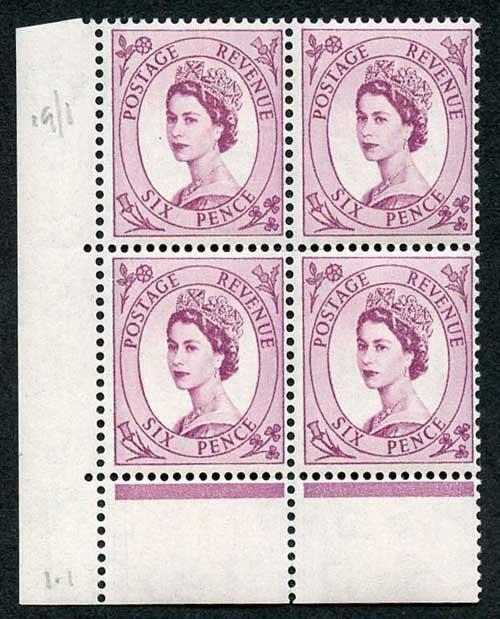 S107 6d Deep Claret Wilding Crowns Wmk U/M Corner Marginal Block 4 (ebay 1)