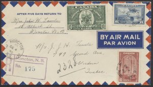 1940 Registered Air Mail Special Delivery Cover Moncton NB to Verdun Quebec