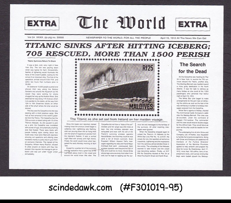 MALDIVES - 1998 TITANIC SUNKEN NEWSPAPER FRONT PAGE MIN/SHT MNH