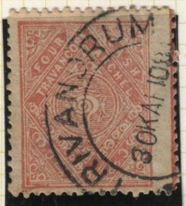 India: Travancore 12 (used, Trivandrum postmark) 4ca conch shell, rose (1908)