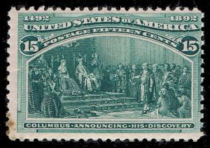 GENUINE SCOTT #238 MINT OG NH 1893 15¢ DARK GREEN COLUMBIAN SCV $675 ESTATE SALE