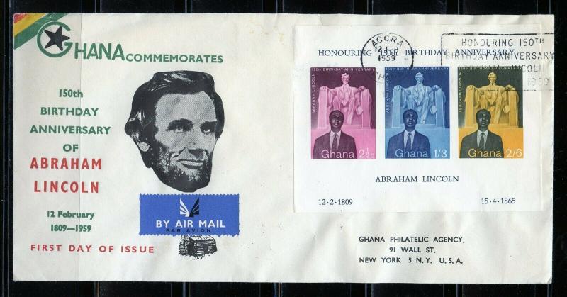 GHANA 1959 ABE LINCOLN SOUVENIR SHEET REGISTERED FIRST DAY COVER TO NY 