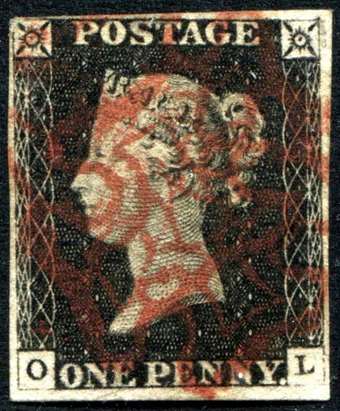 Great Britain Penny Black “OL” Red MX and 4 Margins