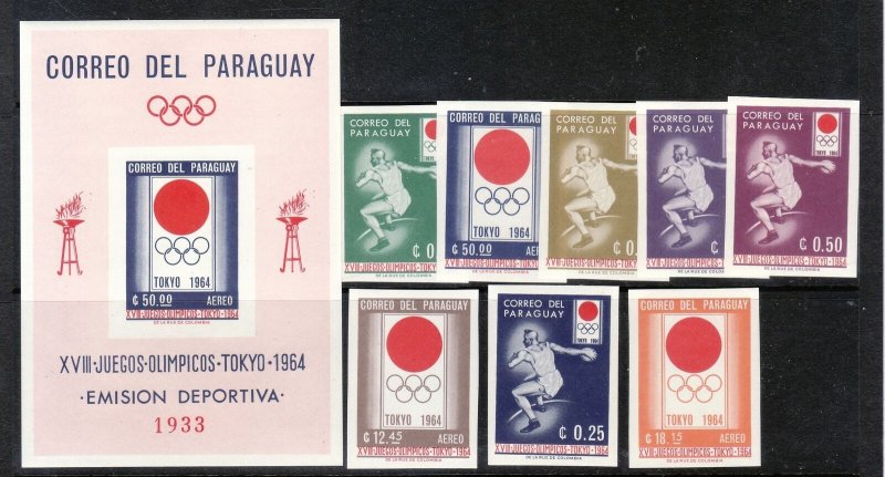 Paraguay Sc 791-98+798a imperf NH ISSUE of1964. Olympics - VERY RARE!!!