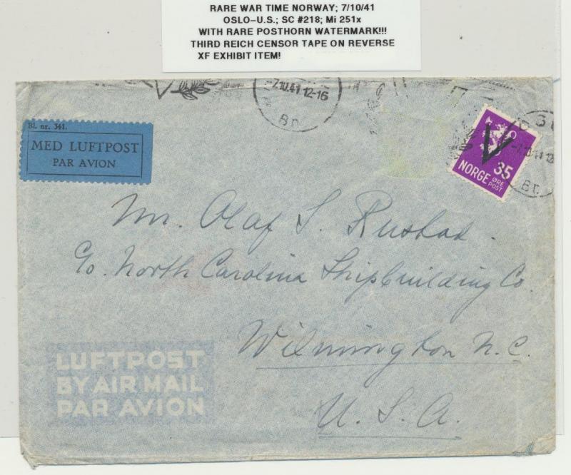 NORWAY 1941 RARE WARTIME CENSOR COVER TO USA Mi#251x Sc#218 WITH POSTHORN WMK