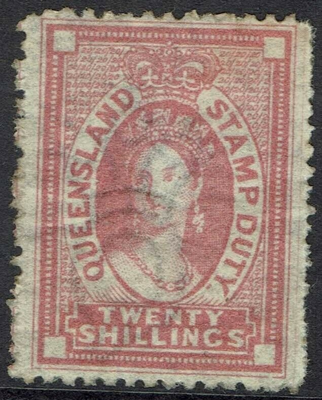 QUEENSLAND 1871 QV CHALON STAMP DUTY 20/- WITH CERTIFICATE WMK CROWN/Q