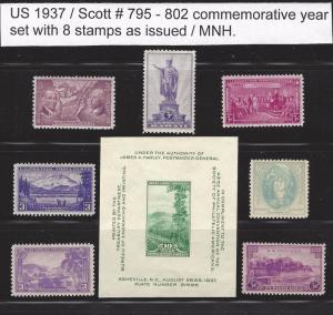 U.S. 1937 Commemorative Year Set  # 795 ~ 802  8 MNH Stamps