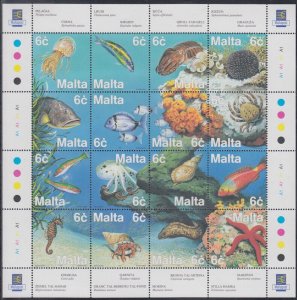 MALTA SC # 976a-p CPL MNH SHEET OF 16 MARINE LIFE