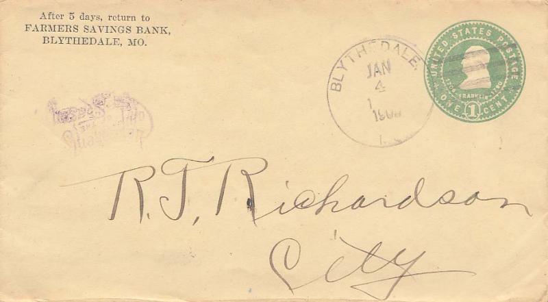 United States Missouri Blythedale 1909 4a-bar  Postal Stationery Envelope  Co...