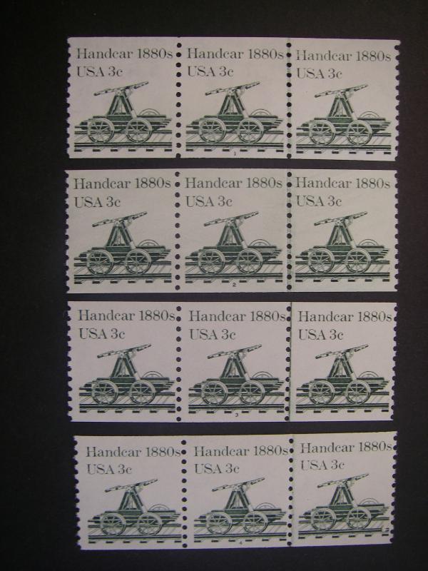 Scott 1898, 3c Handcar, PNC3 #1 through 4, MNH Transportation Beauties