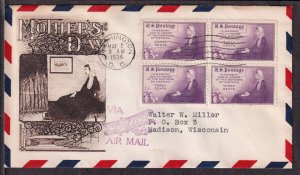 1934 Mothers of America Sc 738-36 FDC Grimsland cachet airmail, block of 4 (FQ