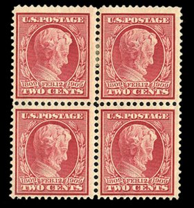 United States, 1904-9 #367 Cat$28+, 1909 2c carmine, block of four, top stamp...