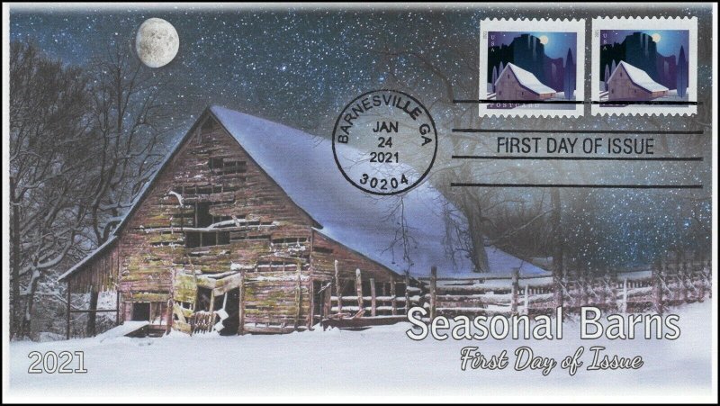 21-047, 2021, Seasonal Barns, First Day Cover, Standard Postmark, Winter, Coil,