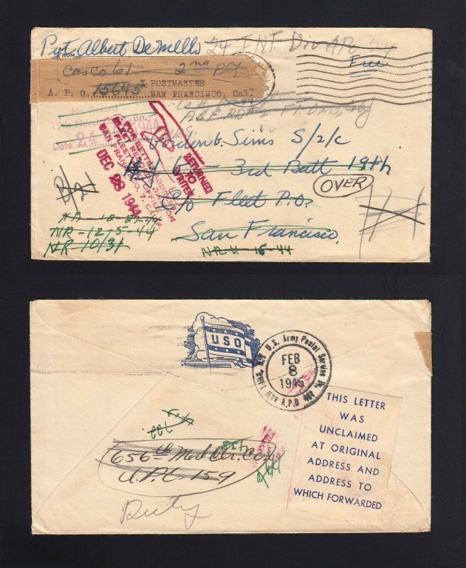 1944 to Fleet PO San Fran LETTER UNCLAIMED Label - RETURNED