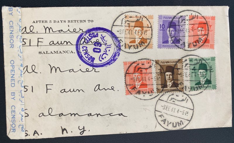 1941 Fayum Egypt Censored Cover To Salamanca NY Usa