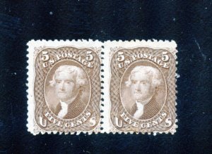 UNITED STATES SCOTT #76  5c JEFFERSON PAIR F/VF MINT DISTURBED ORIGINAL GUM