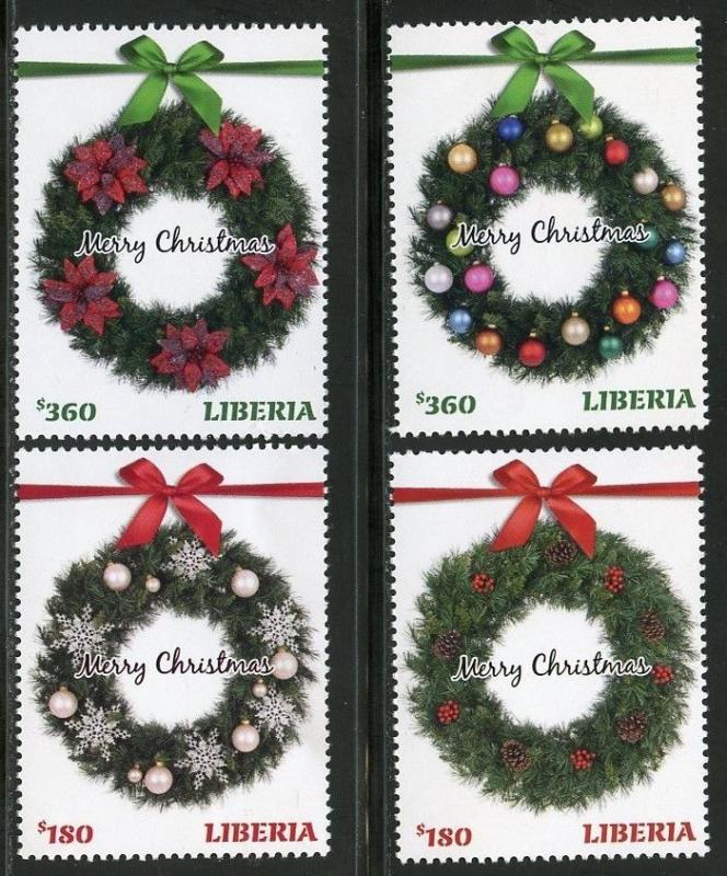 LIBERIA 2016 CHRISTMAS WREATHS SET OF FOUR MINT  NH