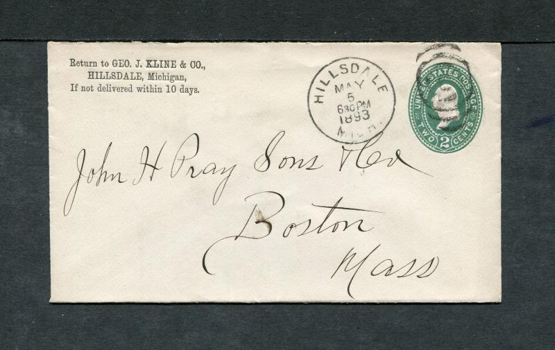 Postal History - Hillsdale MI 1893 Black Tall Oval Target Cancel PS B0694