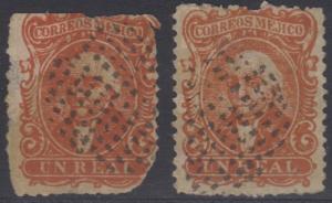 MEXICO 1864 HIDALGO Sc 14a TWO CRUDE LITHO FORGERIES SHADES DOTS MUTE CANCELS 