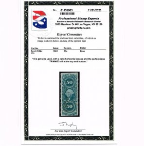 VERY AFFORDABLE GENUINE SCOTT #R54c 1862 BLUE CONVEYANCE REVENUE PSE CERT