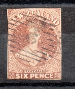 New Zealand 1858 6d brown (no WMK) imperf (slight nick) WS16770