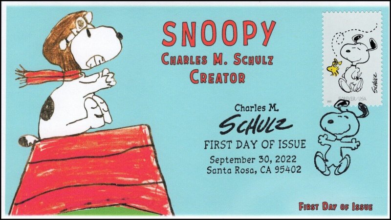 22-232, 2022 ,Charles M Schulz, Pictorial Postmark, First Day Cover, Snoopy, Chi 