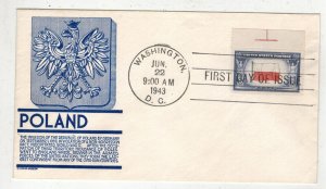 1943 WW2 Patriotic FDC OVERRUN COUNTRIES 909 POLAND ANDERSON BLUE & TOP SELVAGE