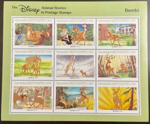 Grenada Grenadines Disney Bambi Sheet of 9  7 x 5 inches 1988