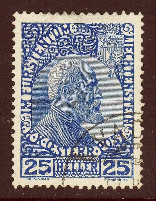 LIECHTENSTEIN 1915 Austrian P.O. Prince John 25h. Deep Blue Thin Paper SG 6 VFU