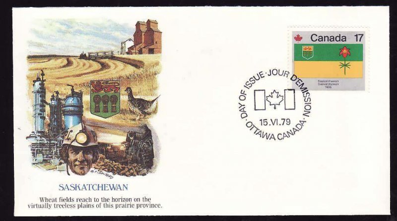 Canada-Sc#828-id6-17c Saskatchewan Flag on FDC-Fleetwood cache-very colou