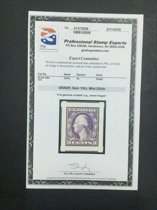 MOMEN: US STAMPS #484 MINT OG NH PSE GRADED CERT GEM-100J