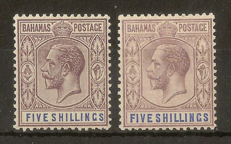 Bahamas 1912 5/- (2) SG88 & 88A Mint Cat£97