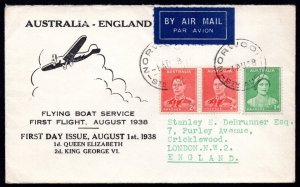 AUSTRALIA 1938 ENGLAND FIRST FLIGHT ON FLYING BOAT SERVICE & FIRST DAY OF ISSUE