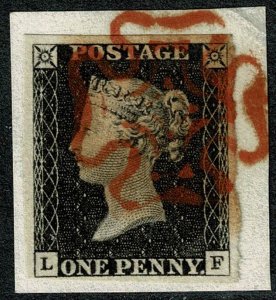 GB 1d Black LF Plate 7. Fine four margins. Crisp red Maltese cross