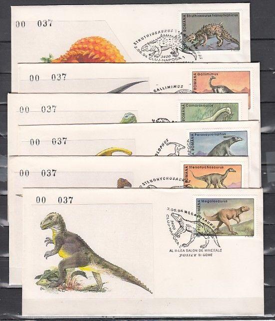 Romania, JUN/94 Dinosaur Cancels on 6 Cachet Envelopes.