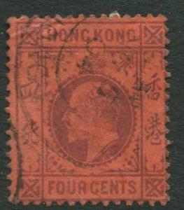 Hong Kong -Scott 89 - KEVII Definitive -1904 - Used - Single 4c Stamp