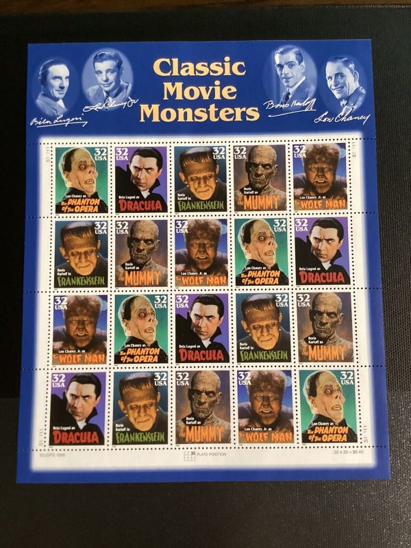 Scott#3168-72-32 Cent...Movie Monsters...Sheet of 20 Stamps-MNH-1997-US