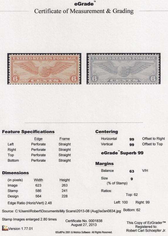 C19 6 cents Winged Glob Stamp Mint OG NH EGRADED SUPERB 99 XXF