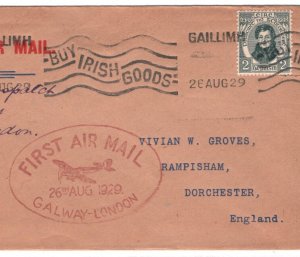 IRELAND EIRE Air Mail Cover FIRST FLIGHT 1929 GALWAY-GB London Dorchester KA363