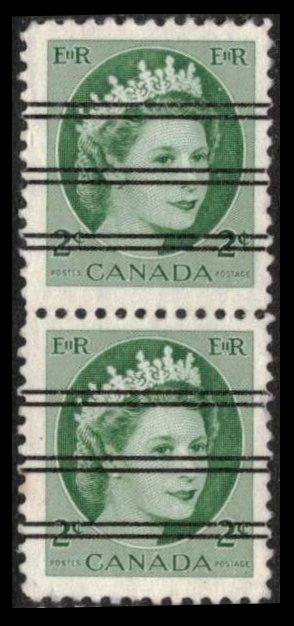 CANADA 1954 QEII 2c X-338 (338xx) GREEN SCARCE PRECANCEL PAIR VERY FINE (K375)