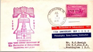 US EVENT COVER CACHETED 175th HOME COMING ANNIVERSARY INDEPENDENCE HALL 1951 B