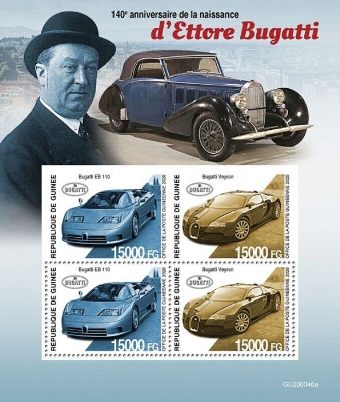 Guinea - 2020 Ettore Bugatti Automobiles - 4 Stamp Sheet - GU200346a 