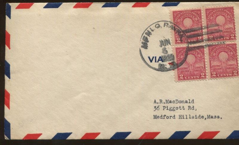 1929 Menlo Park New Jersey Edison's First Lamp Air Mail First Day Cover
